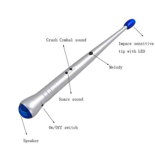 Silver electronic drumstick with blue LED tip, on/off switch, and speaker holes