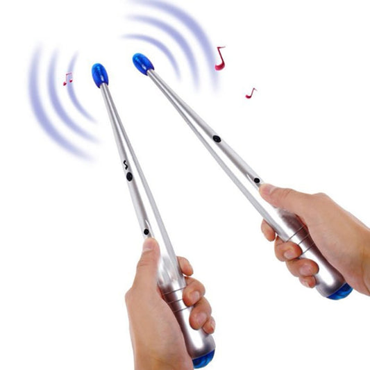 Pair of silver electronic drumsticks with blue LED tips held in hands