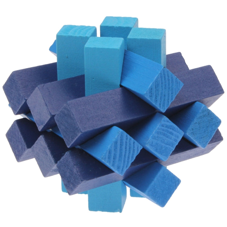Wooden pull-apart IQ puzzle cube toy with interlocking blue and dark blue pieces