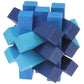 Wooden pull-apart IQ puzzle cube toy with layered blue and navy block shapes
