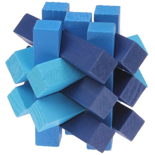 Wooden pull-apart IQ puzzle cube toy with layered blue and navy block shapes