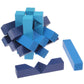 Wooden pull-apart IQ puzzle cube toy with separated blue and navy cube blocks