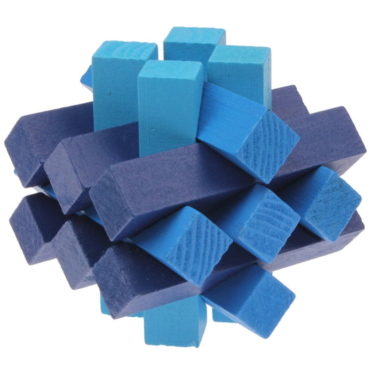 Wooden pull-apart IQ puzzle cube toy with blue and dark blue blocks stacked