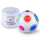 White magic ball puzzle cube with rainbow ringed face details beside jar