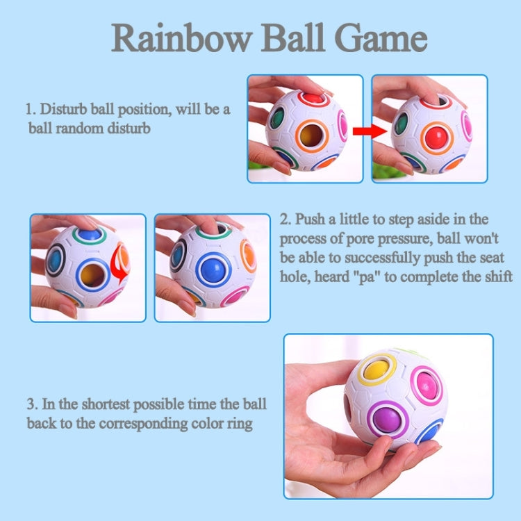 White rainbow ball game puzzle cube with colorful step illustrations on card