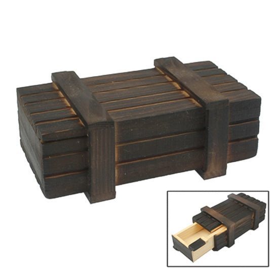 Dark wooden secret drawer box with slotted hinged lid