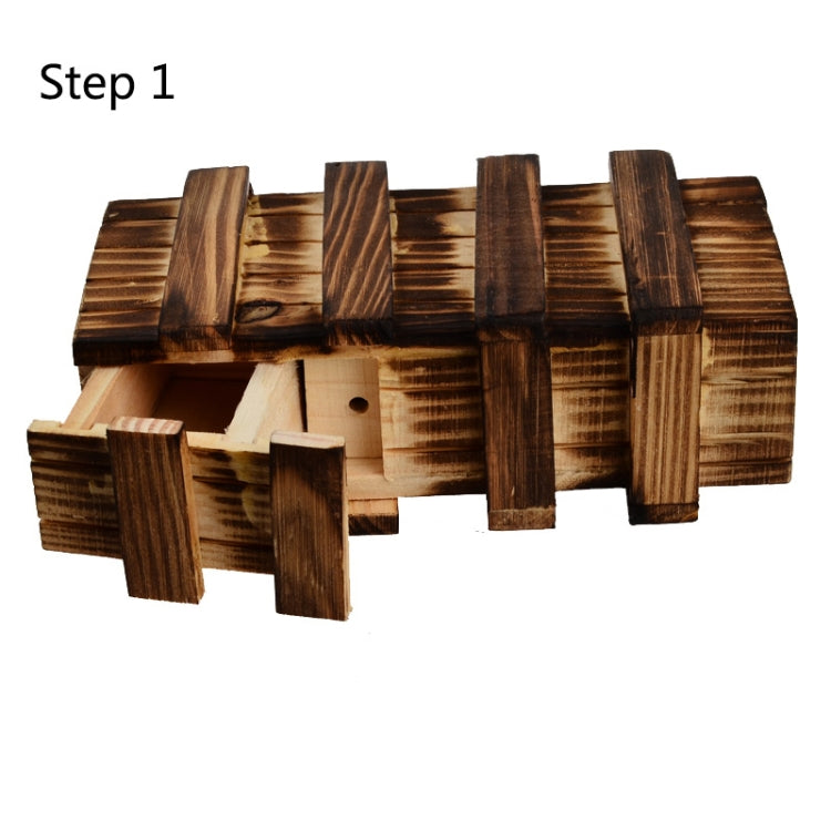 Wooden puzzle box with secret drawer, L size, top slatted lid with side openings
