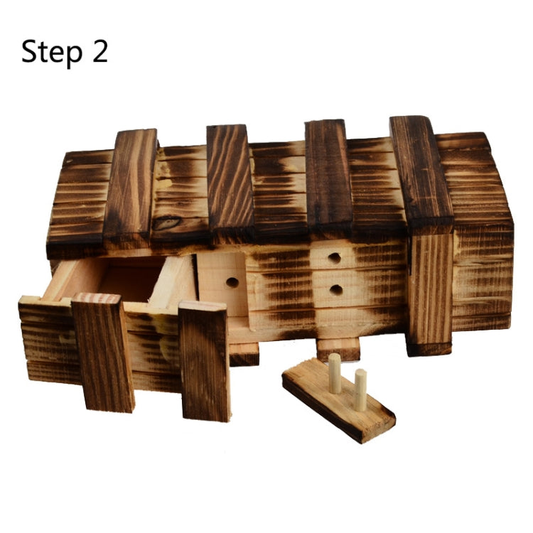 Wooden puzzle box with secret drawer, L size, side panels open with pull piece