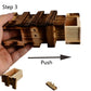 Wooden puzzle box with secret drawer, L size, hand pushing the slatted mechanism