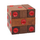 Wooden dice pile-up puzzle stack, cube shape with red circular dice faces.