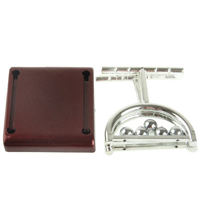 Newton's cradle base and chrome frame with hanging steel balls, side angle