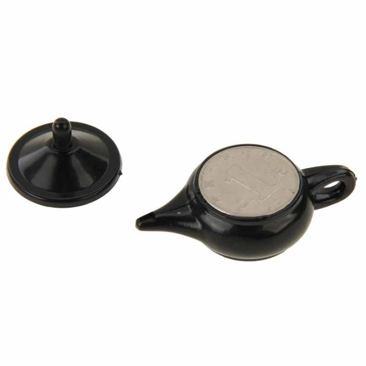 Black teapot magic prop with lid knob and coin accessory