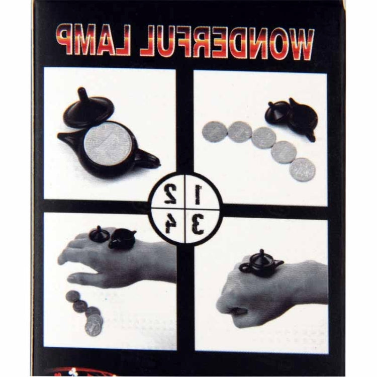Magic trick box showing a black teapot prop and coin-magic steps