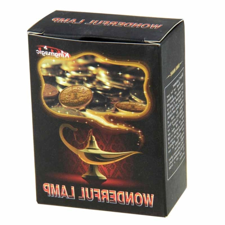 Magic trick packaging box with golden artwork and teapot icon