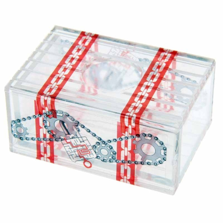 Clear plastic magic box with red graphic tape and chain motif