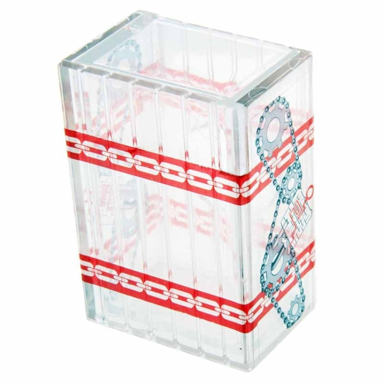 Transparent cube magic box with red band across center and side chain graphics