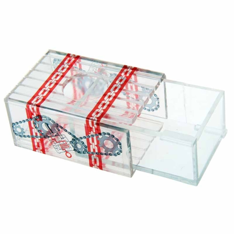 Clear magic box prop with red striped wrap and chain illustrations, side view