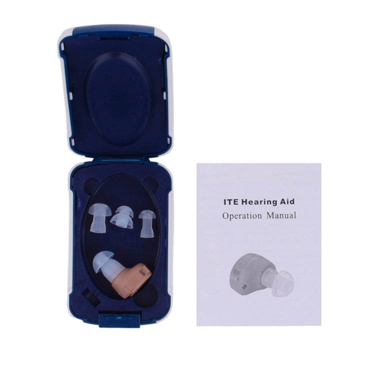 Blue case with hearing aid inserts and ITE hearing aid operation manual