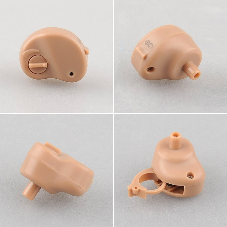 Beige hearing aid body with ear canal tip and removable parts, K-80, angled views