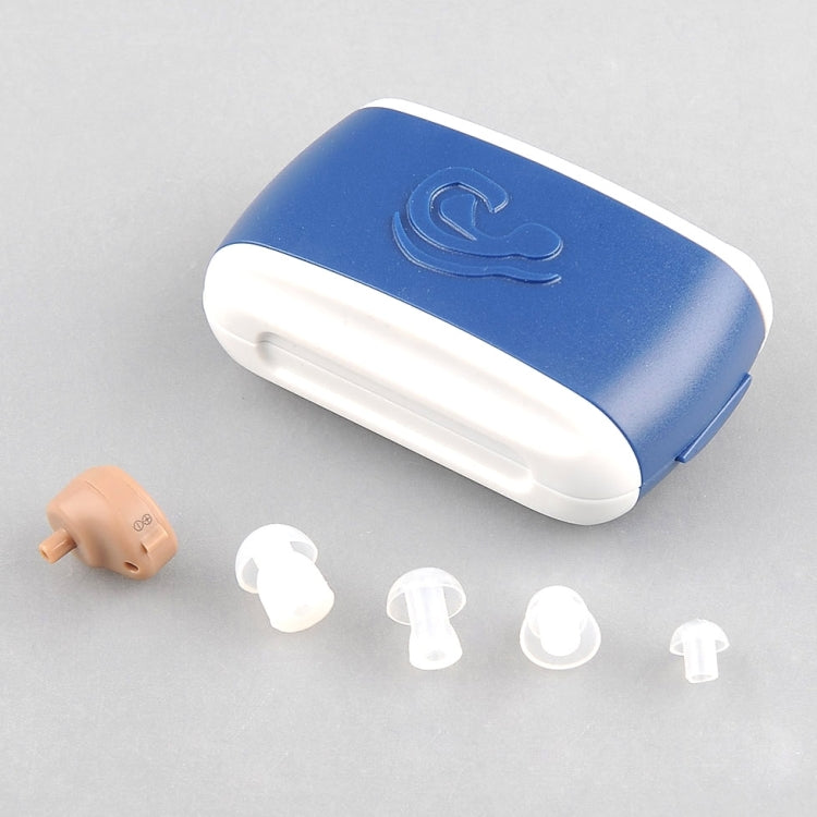 Blue hearing aid case with white ear tips and beige in-ear device, K-80