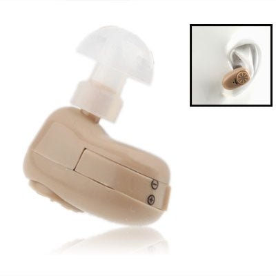 Wireless hearing aid with beige body, clear ear tip, and speaker detail