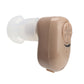 Wireless hearing aid device with beige body and white ear tip, side view