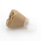Beige wireless hearing aid with soft clear ear tip and side button