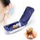 Wireless hearing aid kit with open case, sound waves, and hand holding device