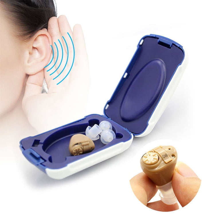 Wireless hearing aid kit with open case, sound waves, and hand holding device
