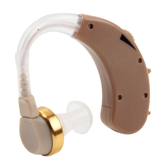 Brown behind-ear hearing aid with clear tubing and gold-tone front module