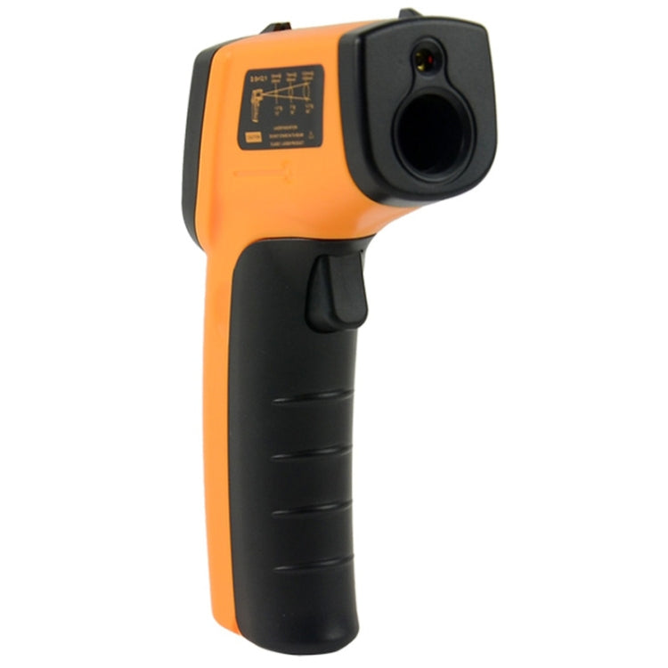 Orange and black infrared thermometer with circular sensor opening on top