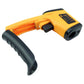 Orange handheld infrared thermometer with protective cap and black strap