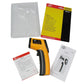 Orange and black infrared thermometer kit with instruction sheets, manual, and clear cover