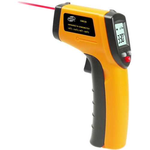 Orange digital infrared thermometer with LCD display reading 330 and red power button