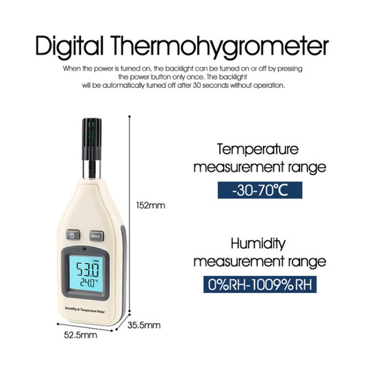 Digital humidity and temperature meter front view with LCD display and two sensor probes