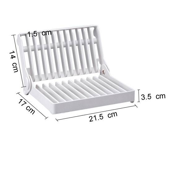 White foldable plate drying rack with slatted stand and size markings shown
