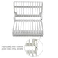 White foldable dish rack with two-tier slats and side locking tabs for stability