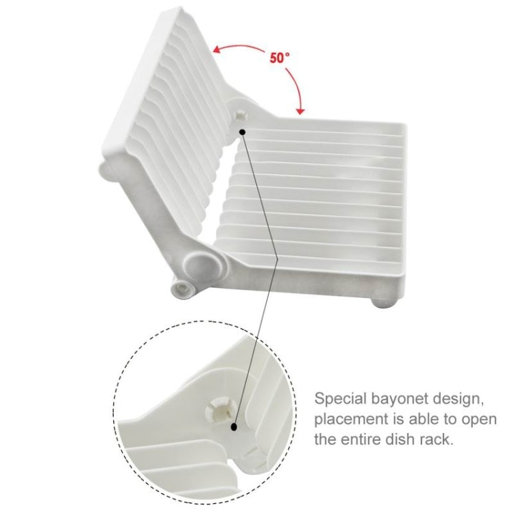 White foldable dish rack angled about 50 degrees with secure bayonet-style hinge