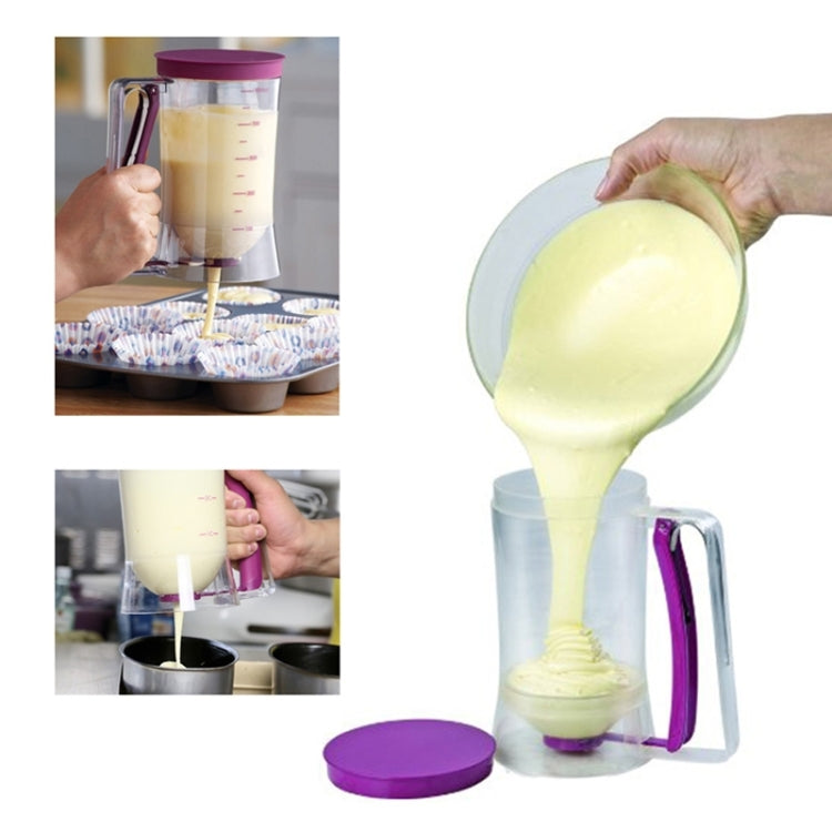 Batter dispenser cup dispensing pale batter with pink spout and handle