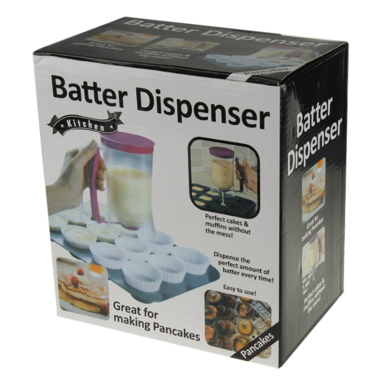 Batter Dispenser box packaging with pink-lidded measuring cup and batter-dispensing photos