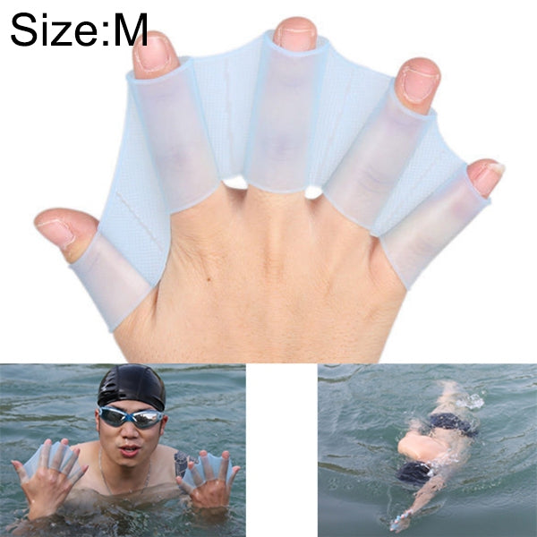 Silicone swim hand flippers with webbed fin pads, translucent light blue training gloves