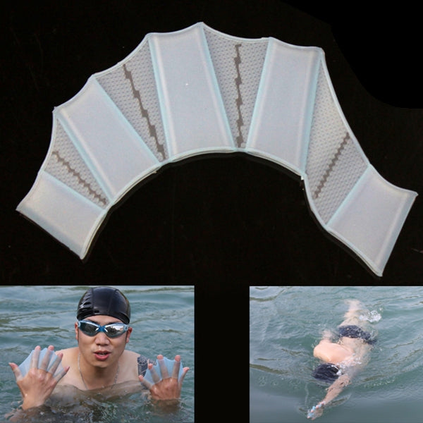 Silicone swim hand flippers with webbed fin pads, translucent light blue fan shape