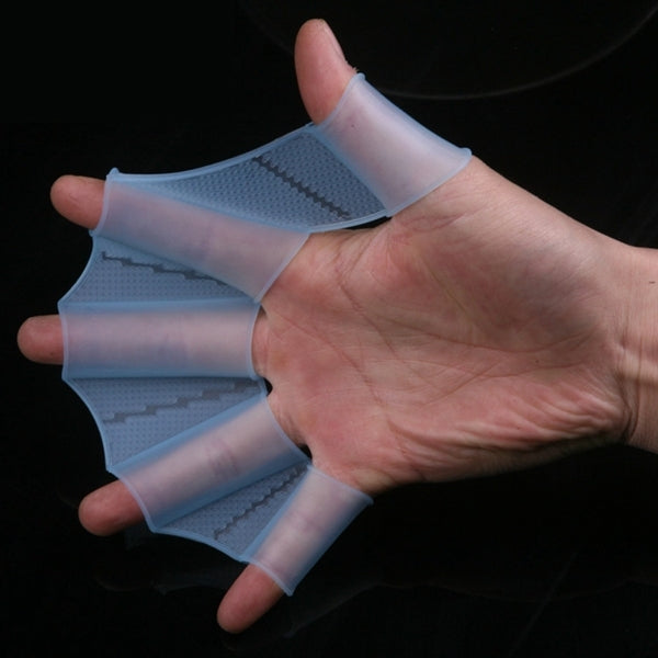 Silicone swim hand flippers, translucent light blue webbed pads on open hand