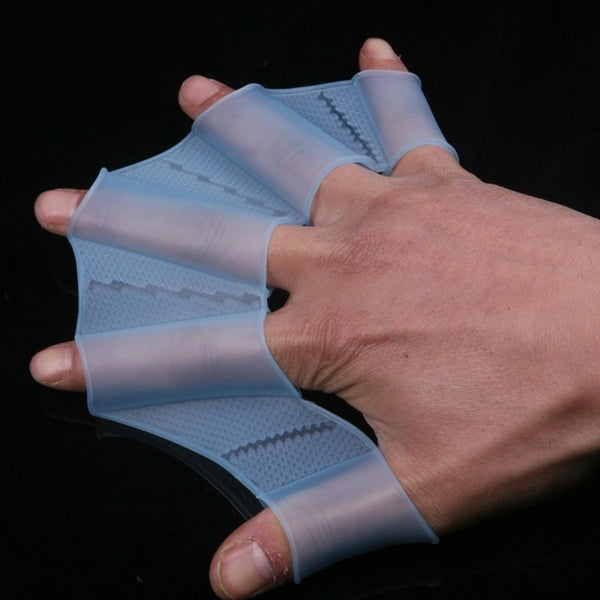Silicone swim hand flippers, translucent light blue webbed pads with wrist band