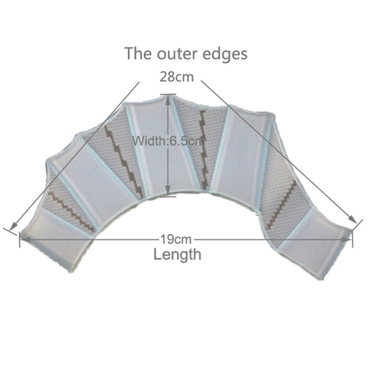 Silicone swim web fin hand flippers size guide: 19cm length, 28cm outer edges
