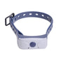 Blue and white anti-bark dog collar with speaker-style pads and adjustable buckle