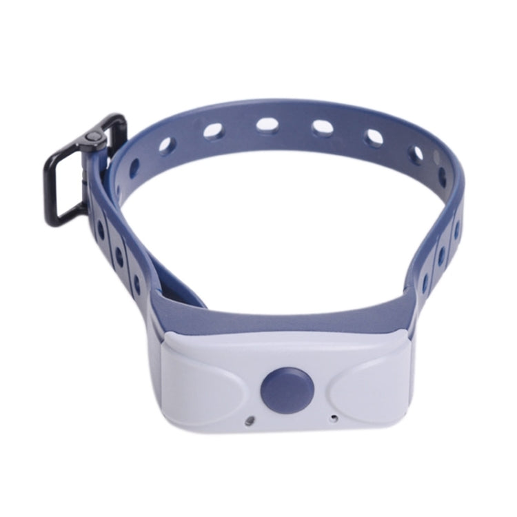 Blue and white anti-bark dog collar with speaker-style pads and adjustable buckle