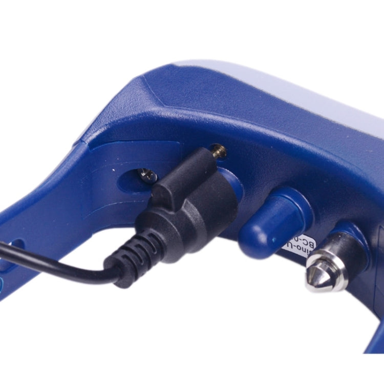 Close-up of blue collar control module with black cable connectors and mounting posts