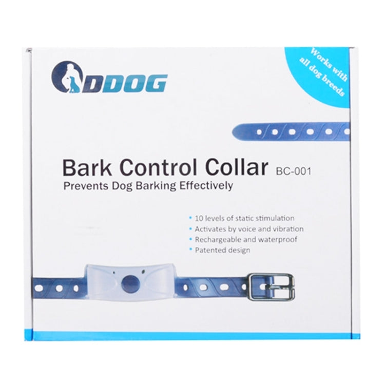 Retail package for anti-barking dog bark control collar, showing collar image and branding