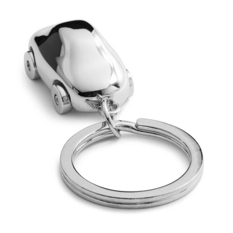 Car-shaped metal key chain with key ring and hanging clip detail